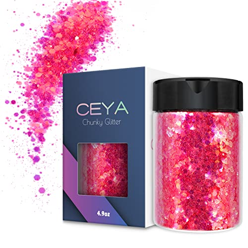 Ceya Iridescent Chunky Glitter, 4.9oz/ 140g Pink Neon Glitter Powder
