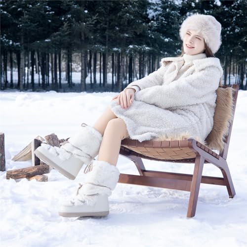 ZHENAIYISHENG Faux Fur Boots for Women - Fuzzy Fluffy Furry Water Resistant Snow Boots for Women - Anti-Slip with Cotton Sponge Lined and TPR Rubber Sole Black White Fur Boots beige 8 9 by ZHENAIYISHENG - Used condition - Image 3