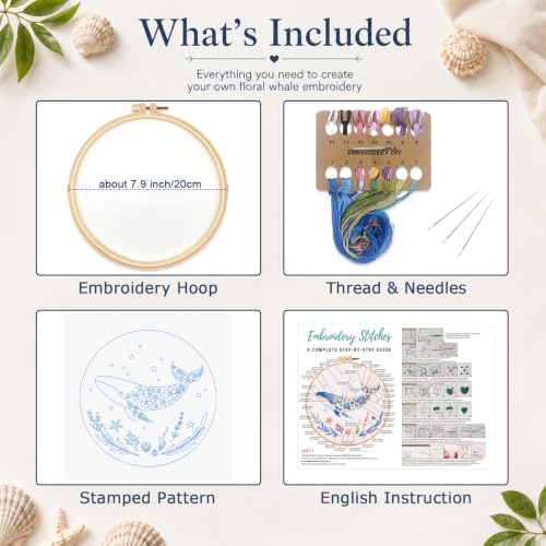 Image of Louise Maelys Embroidery Kit for Beginners, Whale Ocean Needlepoint Kit