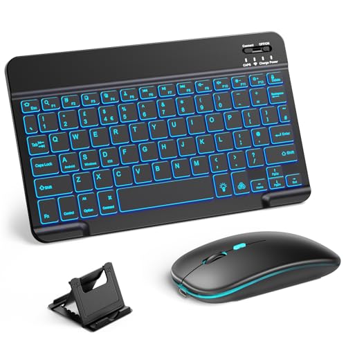 Vobafe Bluetooth Keyboard and Mouse Set with Backlight Quiet Rechargeable Wireless Keyboard and Mouse with Phone Holder for iPad/Samsung/iOS/Android/Windows Ultra-thin keyboard UK layout Black