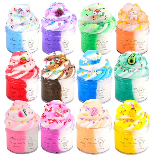 Cloud Slime Kit 12 Pack,With Stitch Rainbow Cake Strawberry Rose Slimes Charms,Fluffy Slime for Girls and Boys,Stress Relief Toy for Kids Education,Party Favor,Gift and Birthday