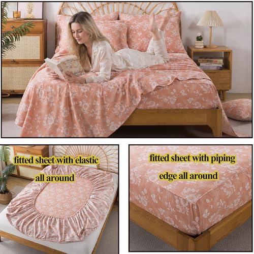 Image of FADFAY Queen Sheets Set 100% Cotton Washed Double Gauze Muslin Bedding 4Pcs Vintage Coral Rose Floral Sheets Shabby Farmhouse Bedding Luxury Super Soft Breathable Deep Pocket Fitted Sheet, Queen Size