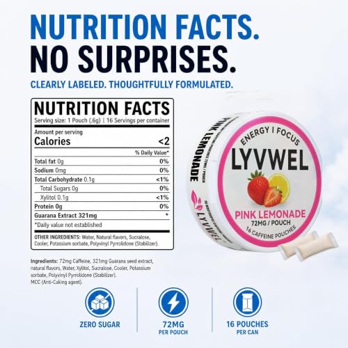Image of LyvWel 72mg Caffeine Energy Pouches - Spearmint, Peach Sweet Tea, Pink Lemonade - Clean Energy & Focus with Guarana - 3-Pack (48 Total Pouches)