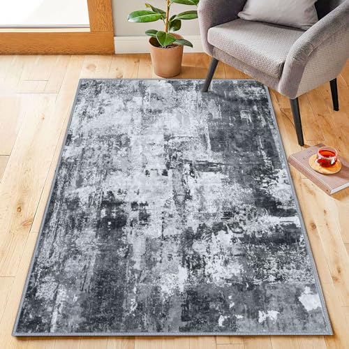 KOZYFLY Modern Abstract 3x5 Rug Gray Washable Rug Entry Rug, Soft Non-Slip Contemporary Nursery Mat Indoor Throw Kitchen Carpet with Soft Low Pile for Bedroom Office Living Room Bathroom Dorm
