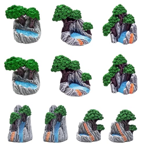 Pinenjoy 10Pcs Mini Mountain with Tree Figurines Miniature Rockery Hill