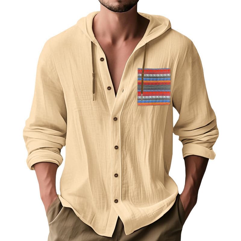 Mens Cotton-Linen Shirt - Long Sleeve Button-Up Hooded Shirt with Pockets Casual Wear for Vacations Daily Use
