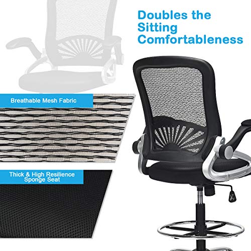 Giantex Mesh Drafting Chair, Standing Desk Stool With Lumbar Support, Adjustable Counter Height Office Chair W/Flip Up Arms & Footrest Ring, Sit Stand Chair Tall Office Chair #TOP5