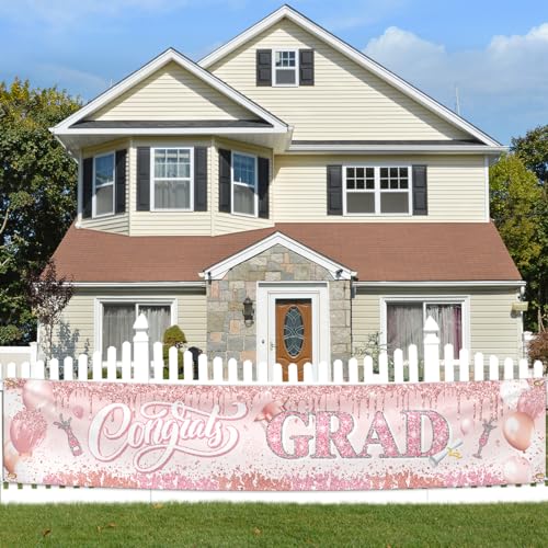 Image of Pink Graduation Party Decorations Class of 2026 Banner Congrats Grad Rose Gold Graduation Yard Sign Banner for Class of 2026 Graduation Party Supplies