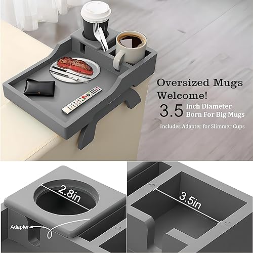 GHKINMAL Couch Cup Holder, 4-in-1 Side Couch Arm Tray with Phone Holder, Sofa Clip on Side Table for Wide Couches Arm, Suitable for Home Drinks/Remote/Snacks-Grey