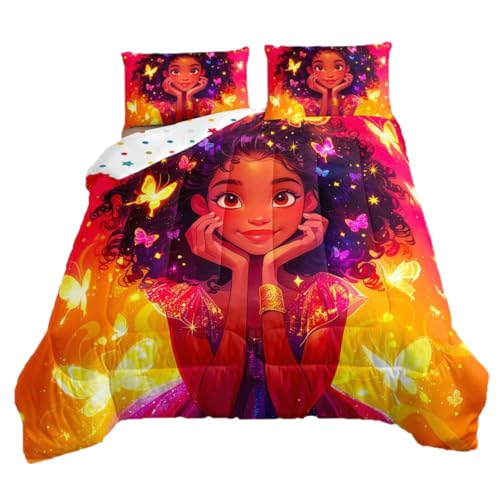 Black Girls Bedding Set Glitter Butterfly Afro Girl Twin Comforter Set for Girls,American African Princess Magical Quilt for Toddler Kids Teenager,Kawaii Room Decor