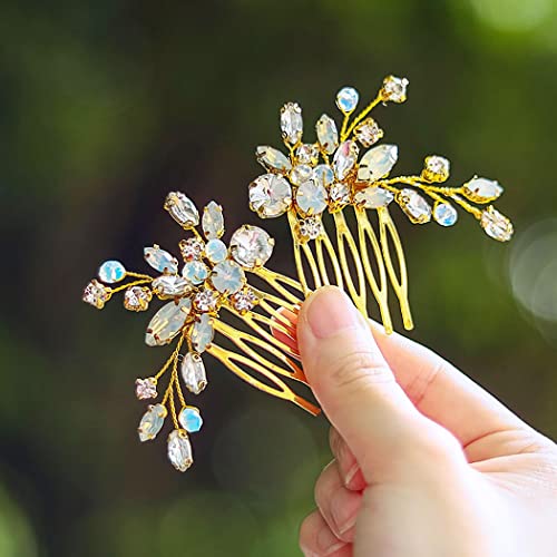 JONKY Bride Wedding Crystal Hair Comb Bridal Hair Pieces Rhinestone Wedding Hair Accessories for Women and Girls(Pack of 2) (A-Gold)