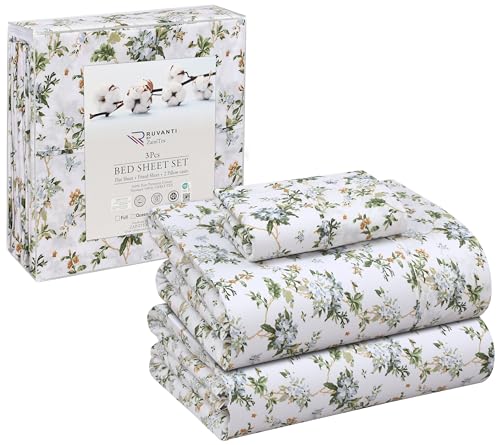RUVANTI 100% Cotton Twin XL Sheet Sets, 3 Pieces, Soft & Breathable Percale Weave Bedding, Deep Pocket 16", Hotel Standard, Crisp Cool Feel, Durable, Perfect Size Floral Sheets, Heritage