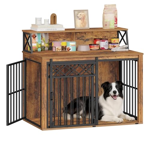 Hzuaneri 39.4'' Dog Crate Furniture, Large Wooden Dog Crate with Storage and 3 Doors, Indoor Kennel for Medium/Large Dogs, End Table with Barn Door, Chew-Proof and Escape-Proof, Rustic Brown DFC87401B