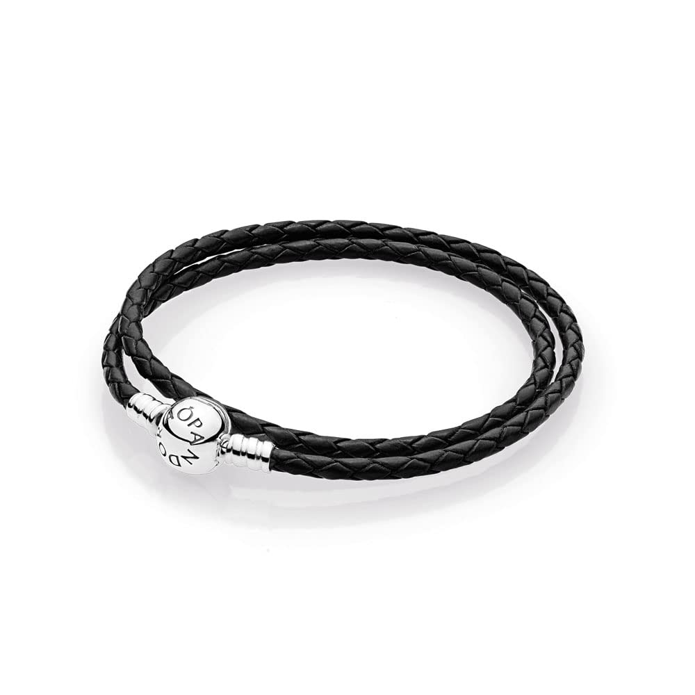 PANDORA Moments doppeltes schwarzes Lederarmband mit Kugelverschluss aus Sterling Silber, Kompatibel Moments, Größe: 44cm, 590745CBK-D4