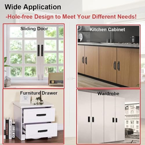 Image of Adhesive Cabinet Handles, Self-Stick Instant Cabinet Handles Alloy No Drilling Push Pull Handles Helper for Kitchen Cabinet Drawer Window Sliding Closet (Black, 2 Pcs)