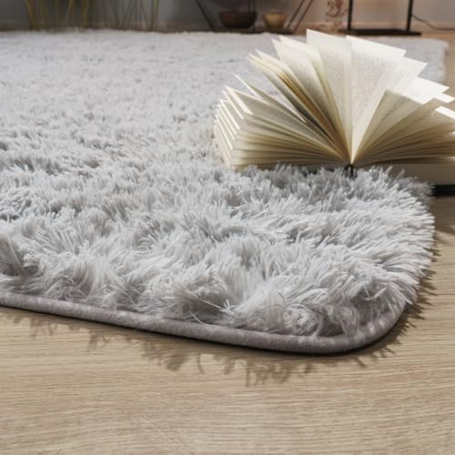 TT Home Teppich Wohnzimmer Hochflor Langflor Weich Soft Modernes Einfarbiges Design, Farbe: Grau Silber, Größe:60x100 cm