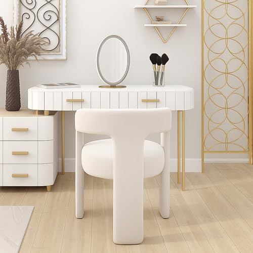 Image of HNY Modern Barrel Kitchen & Dining Room Chair, Linen Upholstered Accent Chair with Arm, 18.5'' Wide Side Armchair Vanity Chair for Living Room Bedroom Makeup Small Spaces, Ivory