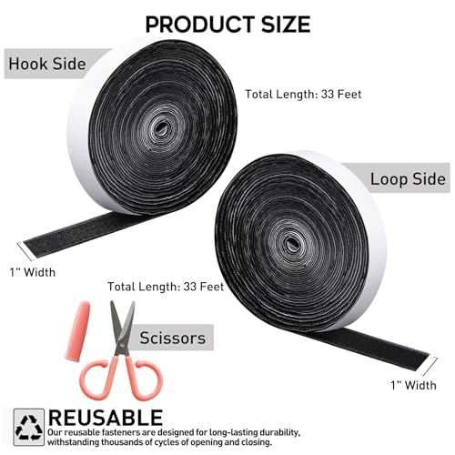 Image of MAXECHO 33Ft x 1 Inch Hook and Loop Tape with Adhesive Backing, Heavy Duty Double Sided Adhesive Strips, Strong Sticky Strips Rolls for Home, Office, School, Car, and Crafting Projects, Black