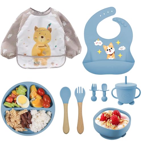 Vajilla De Bebé Silicona, 10 Piezas Juegos De Vajilla Infantil, Cubiertos Con Plato Ventosa, Plato Bebe Ventosa,Tenedor Con Mango De Madera, Bebe De Silicona, Babero Set Vajilla Silicona Bebe