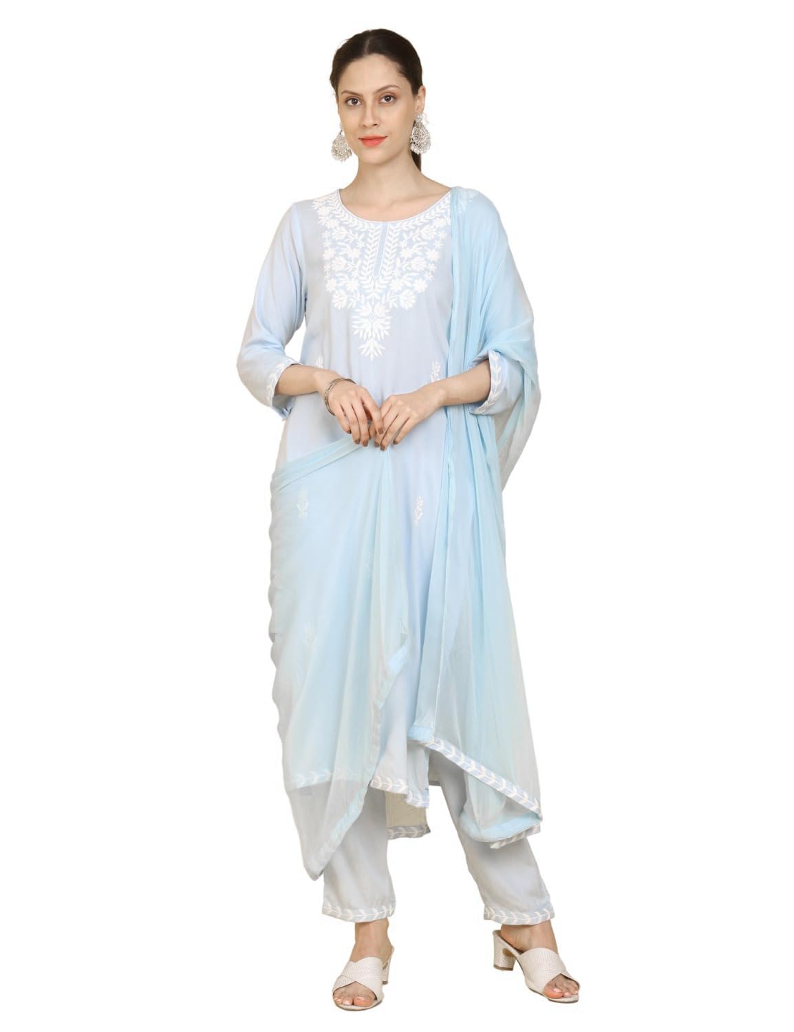 Kaari Women's Chikankari Kurta Set with Dupatta -Straight Fit | Chiffon Dupatta with Embroidered Band | Straight Pant with Side Pocket | Kurta Set for Women