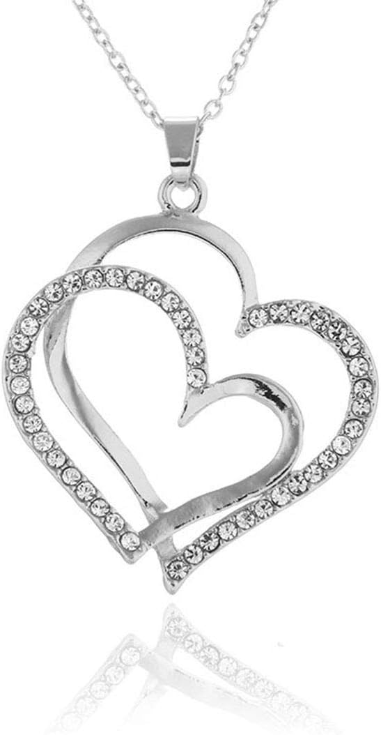 14K Rose Gold Silver Double Heart Shaped Necklace Shiny Crystal Stud Earrings Wedding Jewelry Set Best Gifts-Silver Set - Image 2