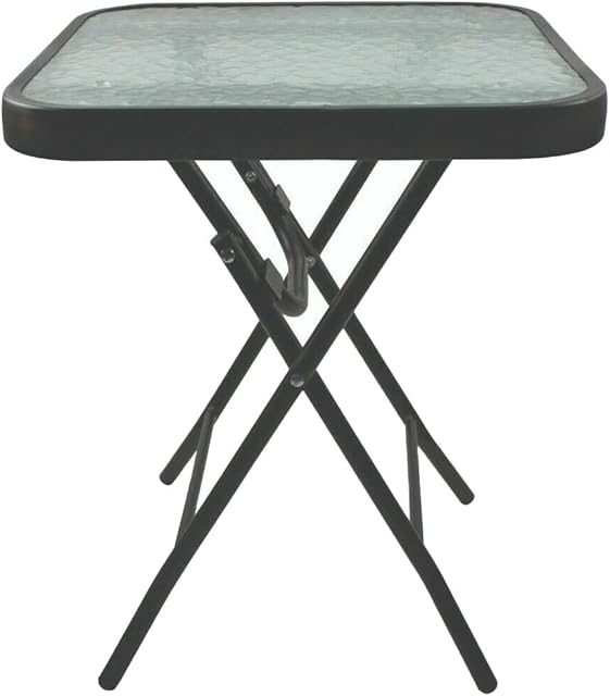 Folding Square Garden Side Table Glass Top Metal Frame Outdoor Coffee Drink Table Tempered Glass Top End Patio Side Table Side Stool For Outdoor Garden Bistro Pool Side Table, Black