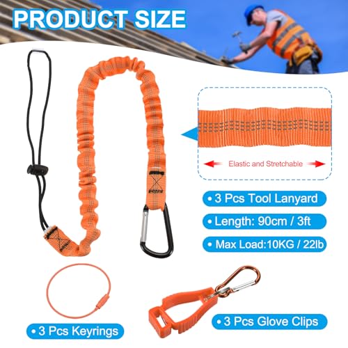 Image of MECCANIXITY Retractable Tool Lanyard 3ft with Aluminum Buckle and Adjustable Loop End, Included Glove Clamps and Keychains, Fall Protection Tools Leash for Hand Tools, Orange 3 Pack