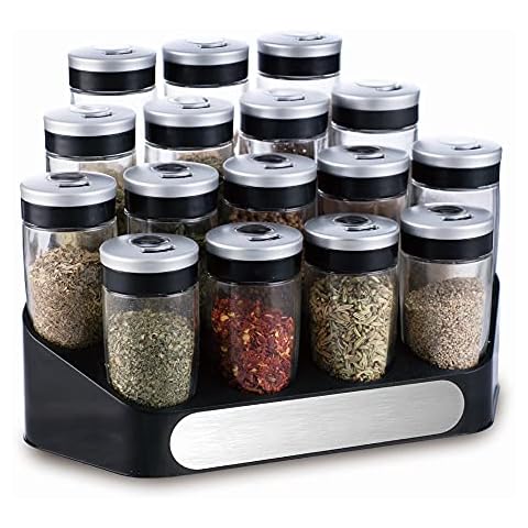 Set of 16 Spice Jars with Lids + Storage Tray - 3 Hole Size Options for Dispersion - Exclusive and Elegant Design Silver with Black Cover