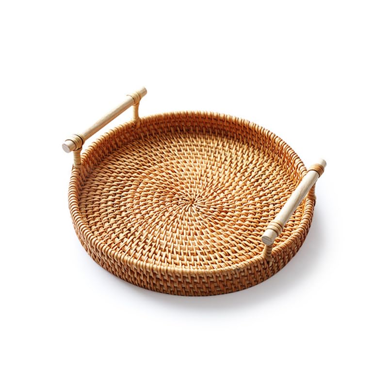 Hand-woven Wicker Storage Bread Baskets,Round Fruit Baskets with Handle, Natural Woven Serving Basket Bowls, Decorative Baskets for Kitchen Counter Organizing (S-8.7X8.7X1.2inch)