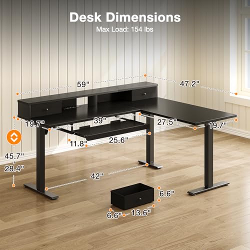 Image of Casaottima 59 Inch Electric L-Shaped Standing Desk with Drawers, Height Adjustable Stand Up Corner Desk with Monitor Stand & Keyboard Tray, Lift Table for Home Office, Workstation, Black