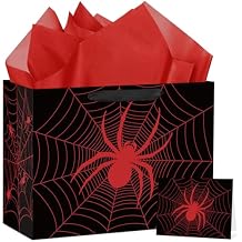 Hooqict Spider Gift Bag Birthday Gift Wrapping Bag with Handles, Tissue Paper, Greeting Card for Kids Boys Men Spider Web Birthday Party Favors Goodie Candy Treat Box