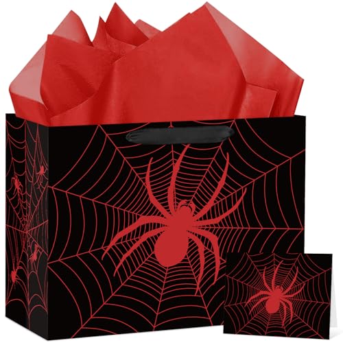 Hooqict Spider Gift Bag Birthday Gift Wrapping Bag with Handles Tissue Paper Greeting Card for Kids Boys Men Spider Web Birthday Party Favors Goodie Candy Treat Box
