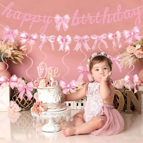 Image of Pink Bow Happy Birthday Banner Garland and Hanging Swirls for Girl Pink Bow Coquette Birthday Party Decorations