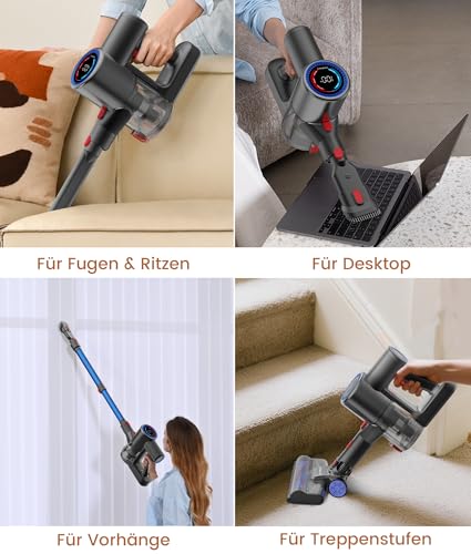 VersLife Akku Staubsauger 500W/45 Min/40kPa, Staubsauger Kabellos Selbstladender mit Smart LED-Display, Leichter Akkustaubsauger mit grünem Licht für Tierhaare/Hartböden/Teppiche/Auto