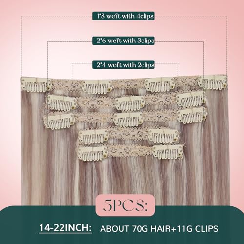 Image of Easyouth 20 Inch Clip in Extensions Human Hair Natural Blonde Ash Fading to Light Mix Platinum Real on Remy 70g /5pcs, 2.4692 Ounce