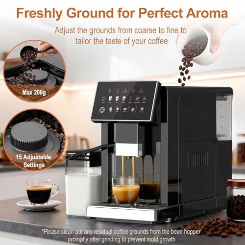 Image of Fully Automatic Espresso Machine with Grinder & Auto Milk Frother, Smart Alarm, Coffee Machine with Intuitive Touchscreen & Auto-Clean Function, Ideal for Latte, Cappuccino, Americano
