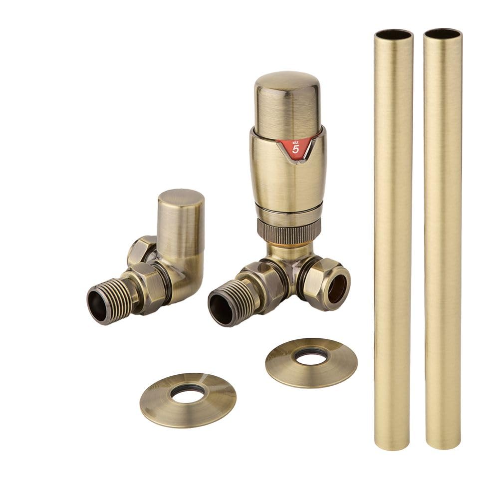 Milano Gold Brushed Corner Heated Towel Rail Radiator Thermostatic Lockshield Valve Pipe Sleeve