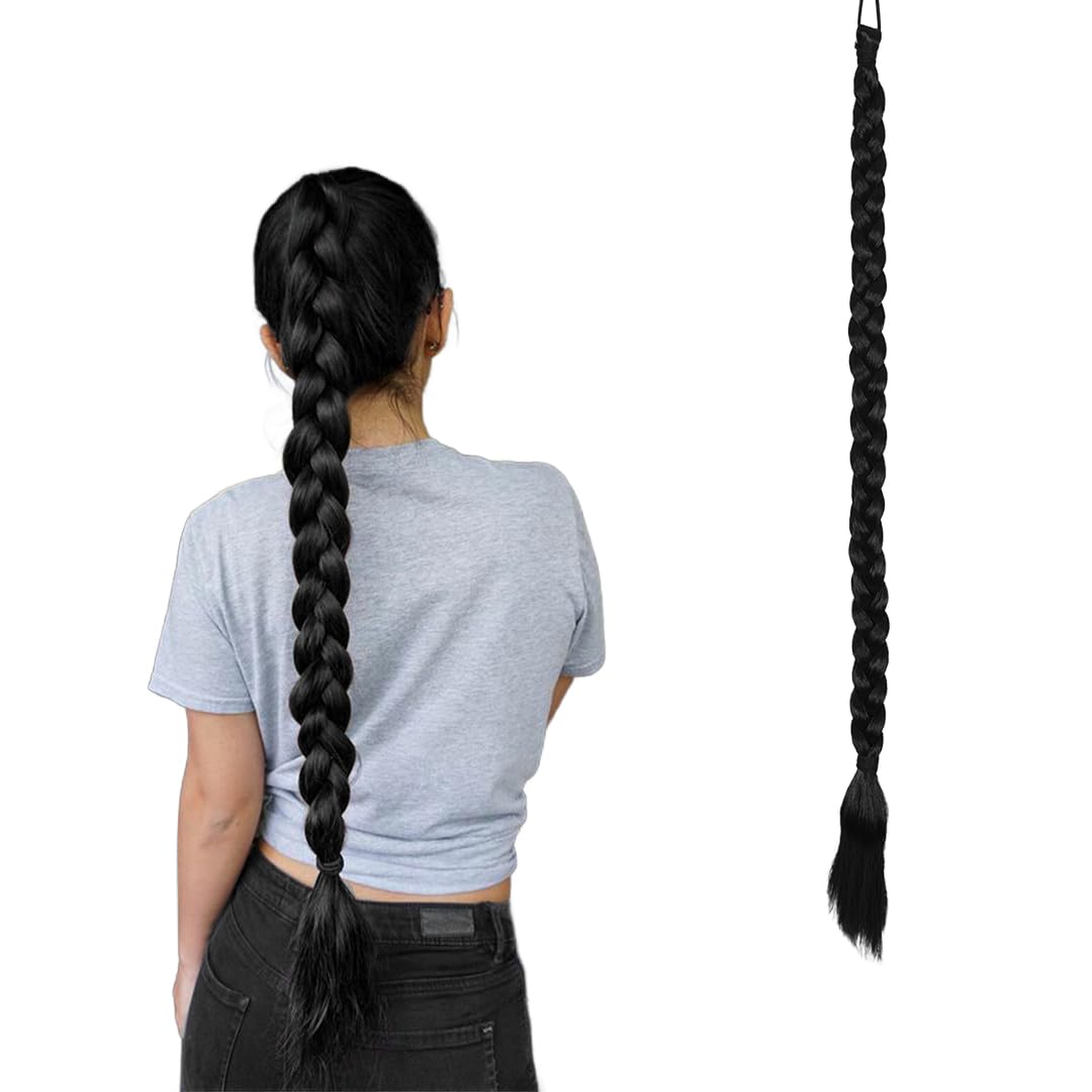 AHS 1Pcs Braided Ponytail Extensions with Hair Ties Soft Synthetic Hair Pieces for Women Girls 24 Inch (black）-image-27