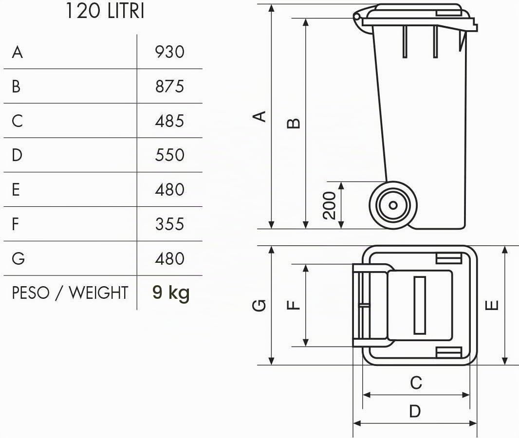 Bidone per Raccolta differenziata rifiuti 120 Lt, Colore Bianco | Contenitore 120 Litri per immondizia Uso Esterno | Pattumiera con Coperchio e rotelle nettezza Urbana