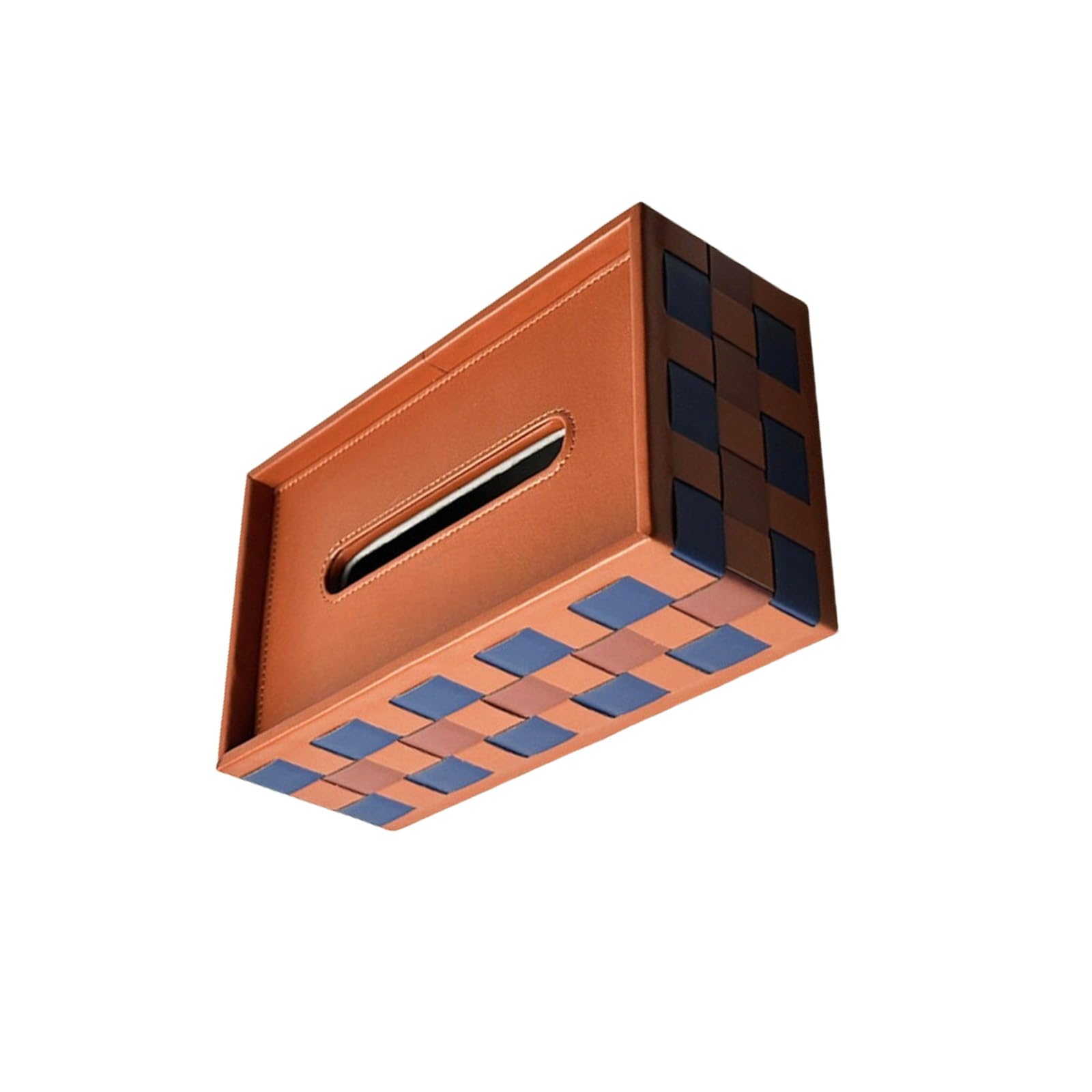 Boîte de rangement unique fait main damier bleu marron : organisateur de mouchoirs luxe salon