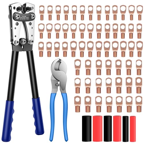 Battery Cable Lug Crimping Tool Kit Includes Electrical Lug Crimper AWG 8-1/0,Cable Cutter, 60pcs Ring Terminals, and 60pcs Heat Shrink Tubing