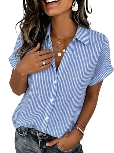 Zeagoo Womens Summer Tops Short Sleeve Shirt Striped Button Up Vneck Blouse
