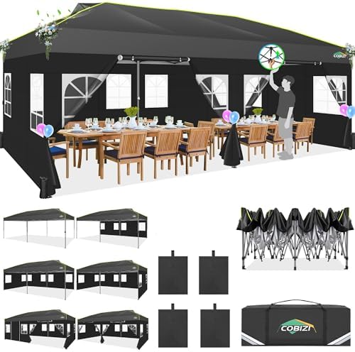 COBIZI Faltpavillon 3x6 Pop Up Pavillon Klappbar mit 6 Seitenwnden, Schwarz | Wasserdicht Winterfest, 3x6 Zelt mit Belüftungsöffnungen Leuchtstreifen, Gardenpavillon Partyzelt für