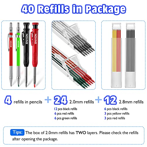Enhon Holzbearbeitung Druckbleistift Set 4 Schreiner Bleistifte mit 40 Minen, Tieflochmarker Bleistifte mit Eingebautem Spitzer Holzbearbeitung Markierungswerkzeug (Grün, Rot, Schwarz, Gelb)
