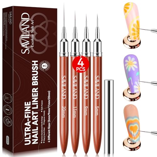 SAVILAND 6pcs Nail Art Liner Brushes Set: Nail Brush Gel Polish Painting Nail Art Design Brushes Pen with Crushed Diamond Rhinestone Handle for Pulling Lines,Sizes 7/9/11/13/17/23 mm
