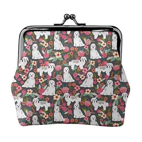 Cute Havanese Dogs Lovers Rose Flower Floral Animals 3D Print Wallets Purses For Women Girls, Pu Leather Vintage Buckle Coin Kiss-Lock Change Purse Card Holder Pouch Small Makeup Bags Birthday Gifts #TOP1