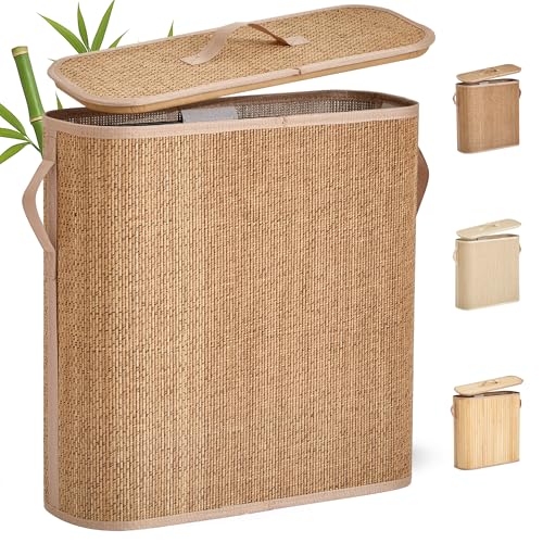 WAOHANAZ Bamboo Toilet Paper Storage Basket with Lid & Handle - 32L Large Capacity Handwoven Bathroom Organizer for 16 Rolls - Sturdy Stand Holder for Toilet Paper Organization, Carbon Brown