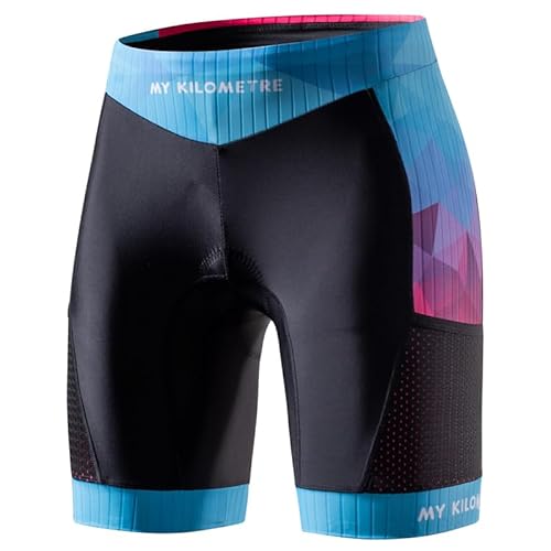 MY KILOMETRE Short Triathlon Femme – Cuissard de Cyclisme Compressif avec 2 Poches Latérales, UPF50+ pour Natation, Course à Pied(Bleu M)