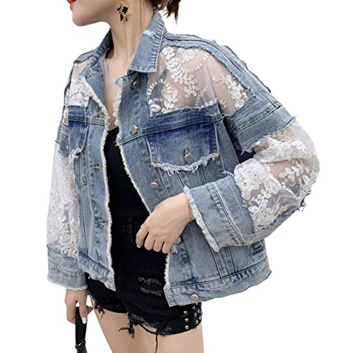 ebossy Women's See Through Floral Embroidery Lace Crop Denim Jacket Ripped Distressed Jean Jacket
