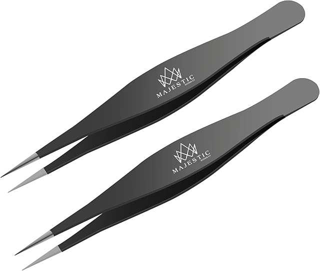 Fine Point Tweezers for Women and Men Splinter, Ticks, Facial or Chin Hair, Brow and Ingrown Hair Removal Sharp, Needle Nose, Stainless Steel, Surgical Tweezers Precision Pluckers Majestic Bombay